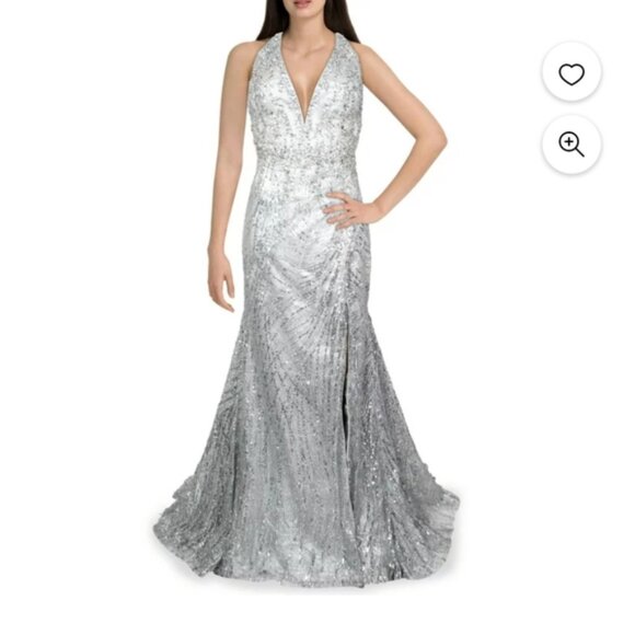 Mac Duggal Sequin Silver Illusion Back Crystal Crisscross Back Gown Plus Size 14 - Picture 2 of 10